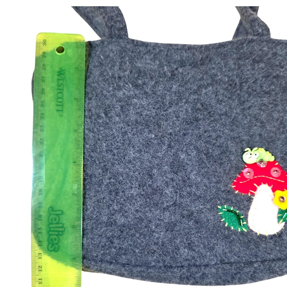 Gray Felt Shoulder Bag Whimsical Mushroom Caterpillar Applique Zipper  closure - Picture 5 of 7